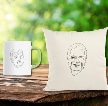 mug et coussin commerce équitable personnalisés avec portraits stylisés simples