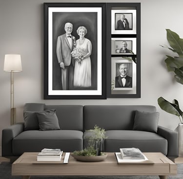 portrait de mariage accroché à un mur de salon