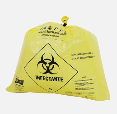 Saco hamper para roupa hospitalar amarelo com simbologia no fundo branco.