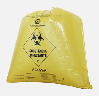 Saco hamper para roupa hospitalar amarelo com simbologia no fundo branco.