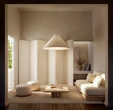 Espacio zen y armonioso con diseño de interiores que transmite calma y serenidad. 