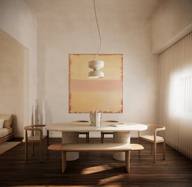 Diseño Interior de un espacio de comedor. Colores cálidos y minimalista