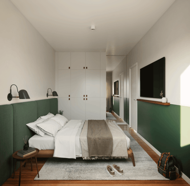 Diseño Interior de habitación pequeña. Placard blanco, respaldar verde, cama con textiles variados.