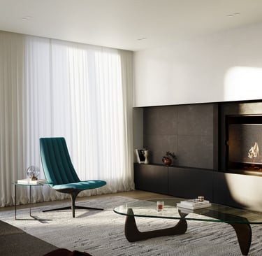 Sala de estar minimalista con muebles modernos, sillon azul y mesa de centro de vidrio