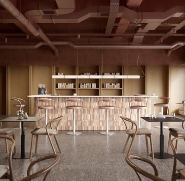 diseño de interior de café. Colores calidos: madera, ceramica rosada, techo rojo desaturado. 