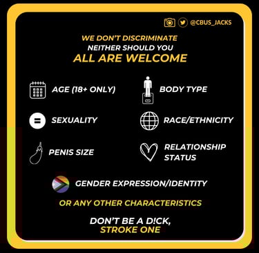 a graphic explaining Columbus Jacks is open to anyone with a penis & discrimination is not tolerated