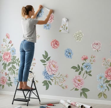woman sticking flower patterns to wall