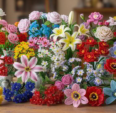 colorful display of french beaded flowers