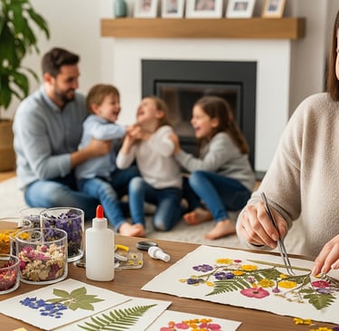 woman making pressed flower art with family in background