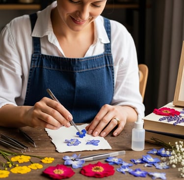 woman makes pressed flower art