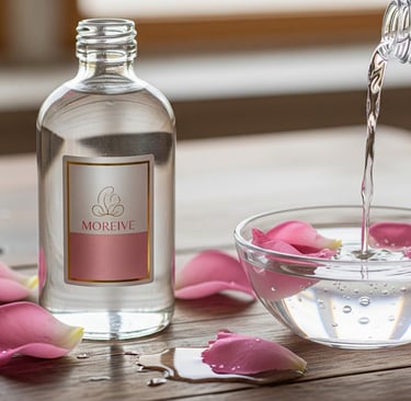 close up of rose water bottle and bowl