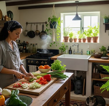 woman preparing meal with edible plants and flowers