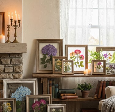 framed pressed flower art in living room