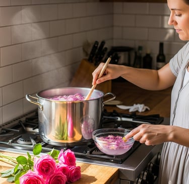 woman boiling a pot of rose petal water