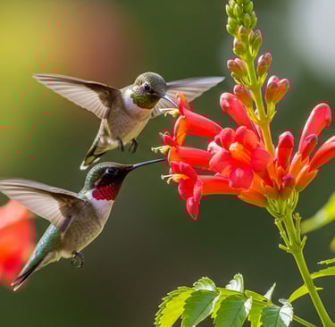 two hummingbirds attracted to red plant