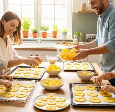 happy family making dried pineapple flowers