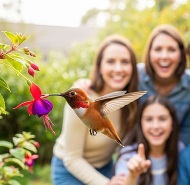 hummingbird next to plant with family in background