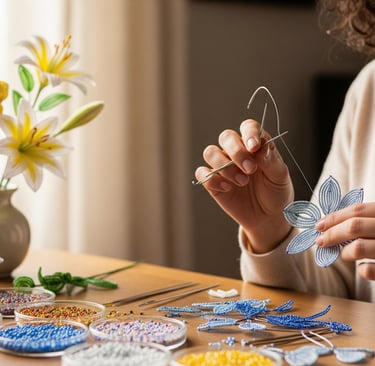 woman at table making french beaded flowers