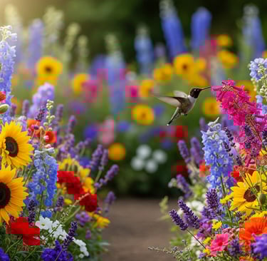 hummingbird flying next to colorful pink flowers