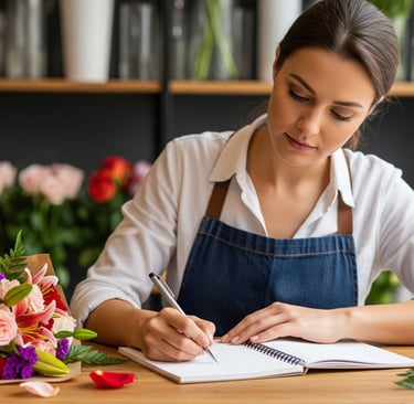 florist at desk taking notes