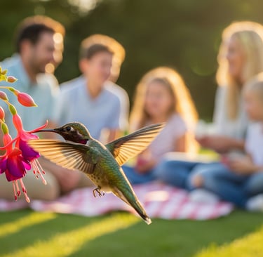 hummingbird and flowers with family in background