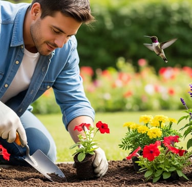 man gardening with hummingbird hovering