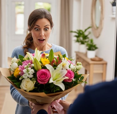 surprised woman recieves flower delivery