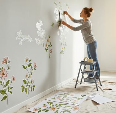woman placing floral wall decals on wall