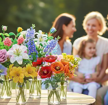 french beaded flowers with family in background