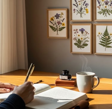 woman writing at table with presed flower nearby