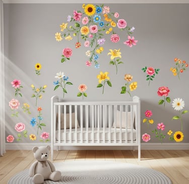 floral wall decals behind baby cot