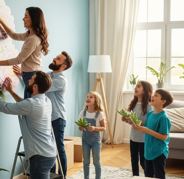 happy family putting up floral wall decals