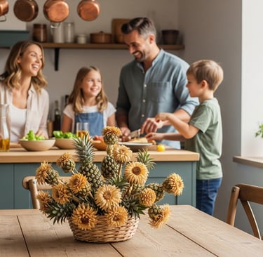 homemade pine cone flowers on table