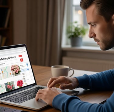 man ordering same day flowers on laptop