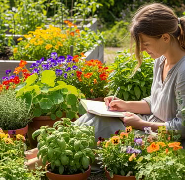 woman sat taking notes amidst flowers
