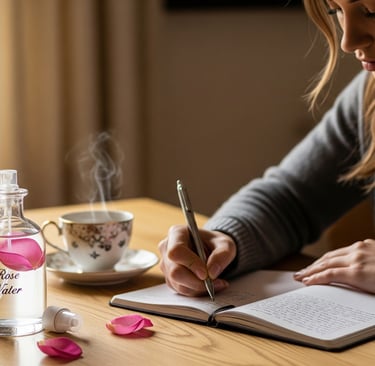 woman writing in notebook with rose water on table