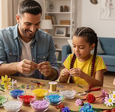 happy family making flowers with beads