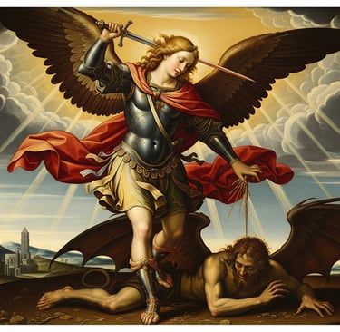renaissance style art of saint michael slaying demon