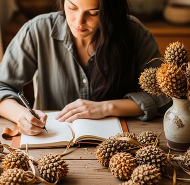woman taking notes with pineapple flowers on desk