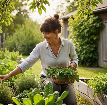 woman in garden seleting wild edible plants