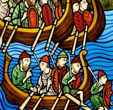 a painting of a boat with a Viking people in it