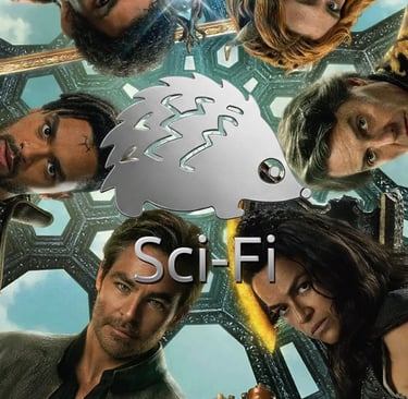 a group of people standing around a scifii