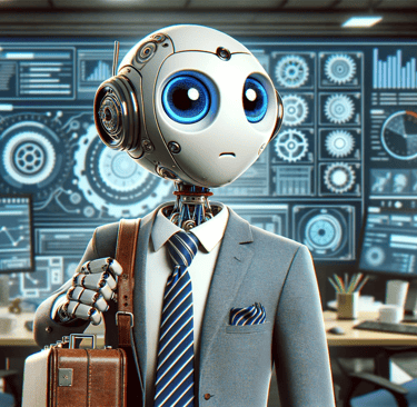 Un robot en costard cravate qui ressemble à C3PO et confus d'être au travail