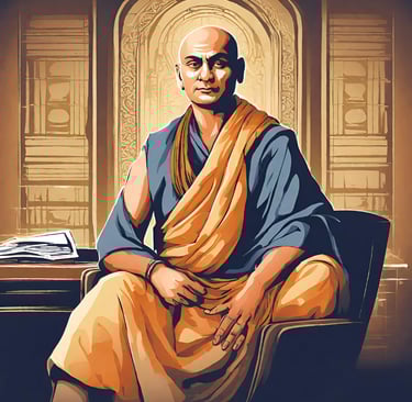 Illustration of ancient Indian Polymath Chanakya,, sitting in his study, looking ahead
