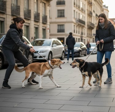 Chien réactif en laisse face à un autre chien dans la rue