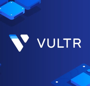a blue and white vultr logo with a blue background