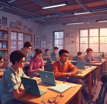 A classroom setting with several students seated at individual desks, all facing a teacher standing near a blackboard. The room has simple furniture and chalkboards with illustrations, including a map of Africa and drawings of a cow and tree.