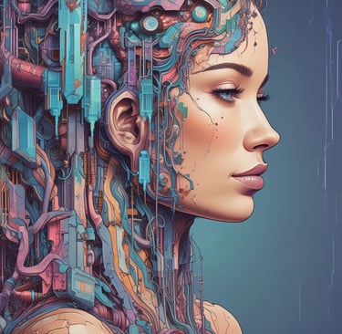 A woman with a futuristic biomechanical headpiece