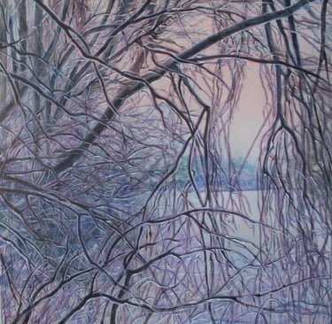 Ice storm by the river in early morning