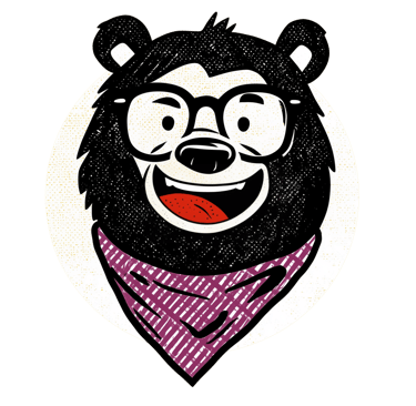 Illustration of a bear wearing glasses and a bandana around his neck. He has an open mouth smile.